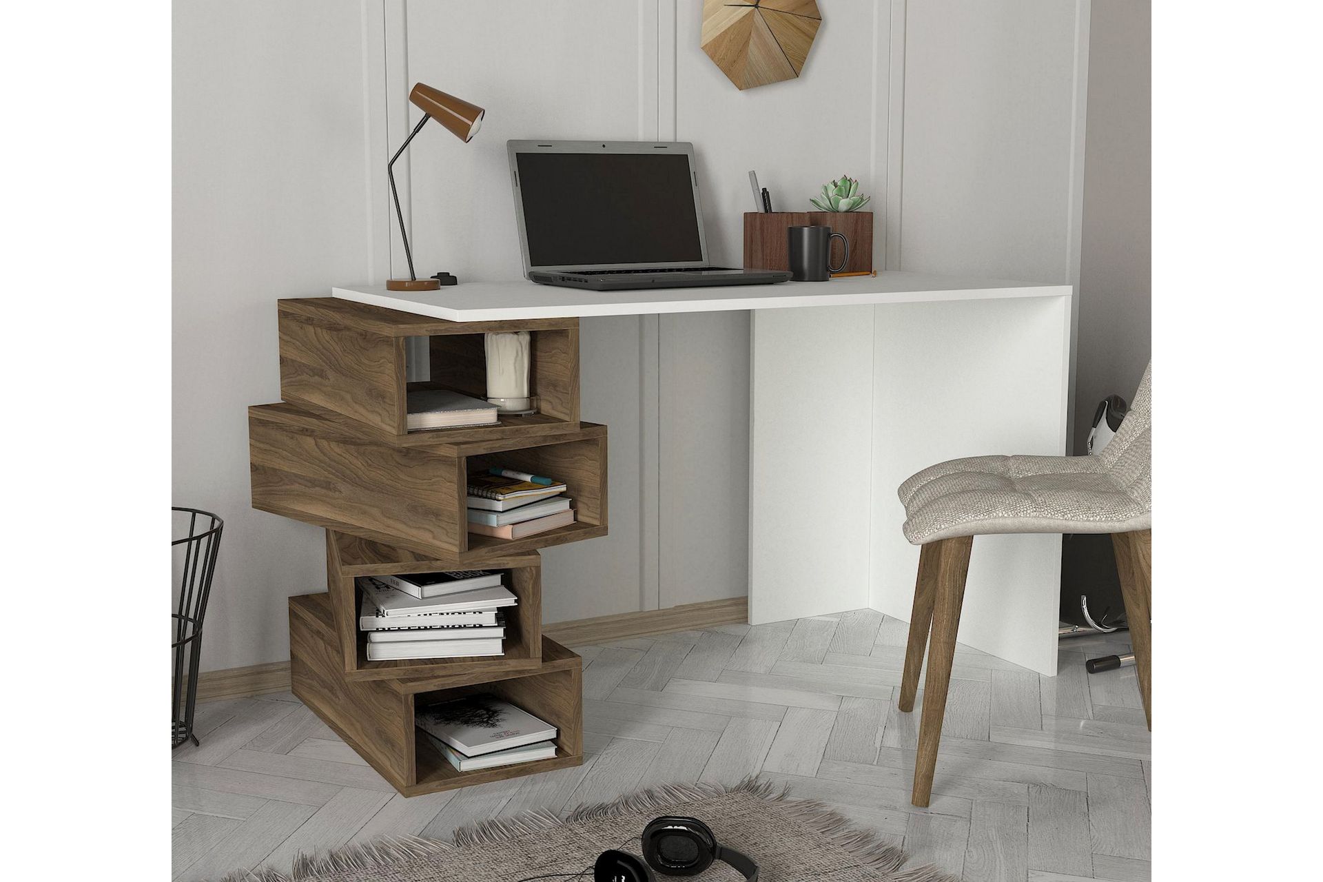 Yengall Skrivebord 130 cm med Oppbevaringshyller - Hvit/Valnøttsbrun - Møbler - Bord - Kontorbord - Skrivebord