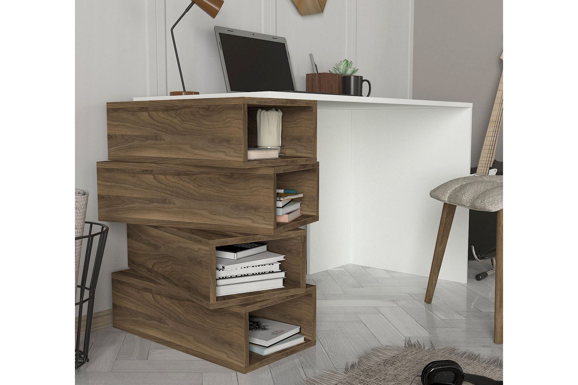 Yengall Skrivebord 130 cm med Oppbevaringshyller - Hvit/Valnøttsbrun - Møbler - Bord - Kontorbord - Skrivebord