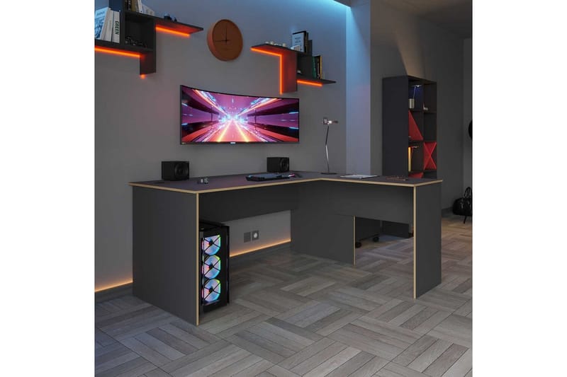 Soonam Skrivebord 160x144 cm - Rødfarget tre/Antrasitt - Møbler - Bord - Kontorbord - Skrivebord