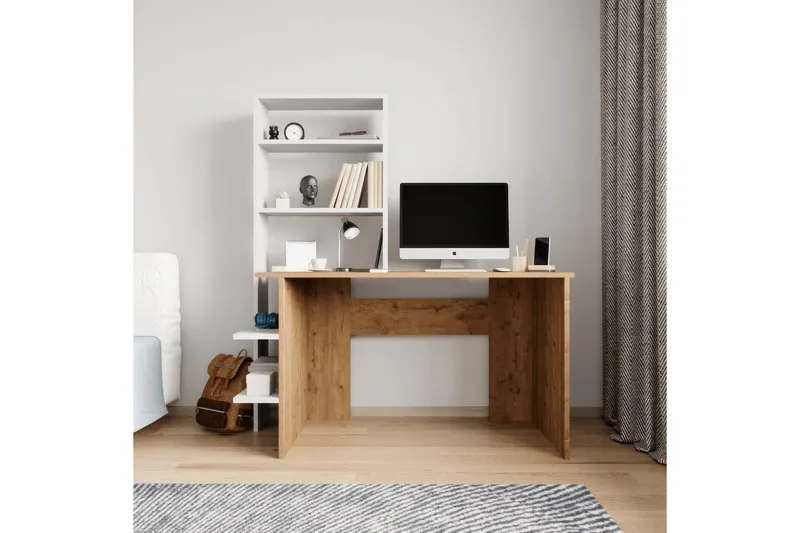 Studie skrivebord & bokhylle Sorav Eik / Hvit - Eik / Hvit - Møbler - Bord - Kontorbord - Skrivebord