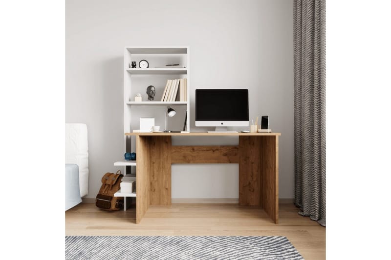 Studie skrivebord & bokhylle Sorav Eik / Hvit - Eik / Hvit - Møbler - Bord - Kontorbord - Skrivebord