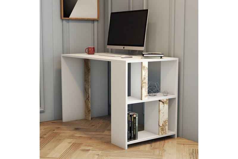Timiza Skrivebord 120 cm med Oppbevaring Hylle Marmormønster - Hvit - Skrivebord