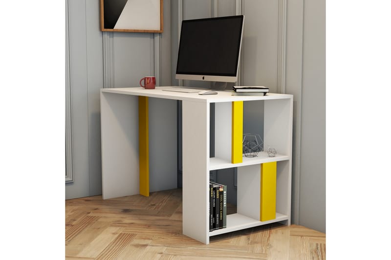 Timiza Skrivebord 120 cm med Oppbevaringshylle - Hvit/Gul - Skrivebord