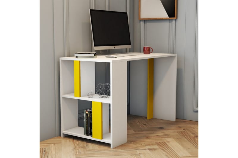 Timiza Skrivebord 120 cm med Oppbevaringshylle - Hvit/Gul - Skrivebord