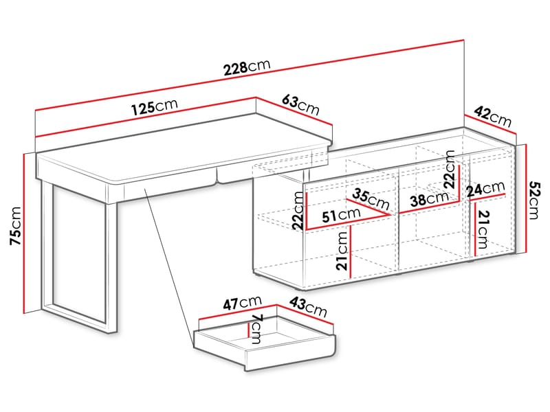 Travic Skrivebord 228 cm med Oppbevaring i Tre med Eikeutseende - Brun - Møbler - Bord - Kontorbord - Skrivebord