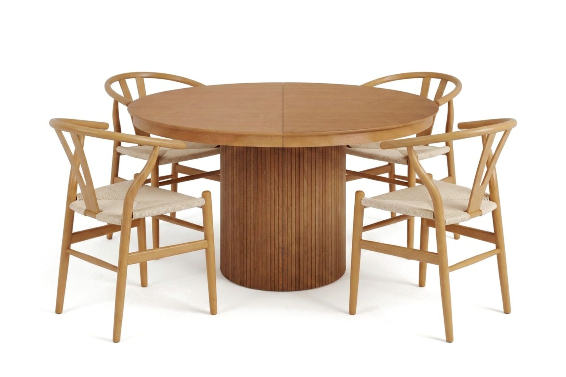Kopparbo matgruppe, uttrekkbar og rund 120–220 cm, eik, med 4 Dastoori-spisestoler - Eik