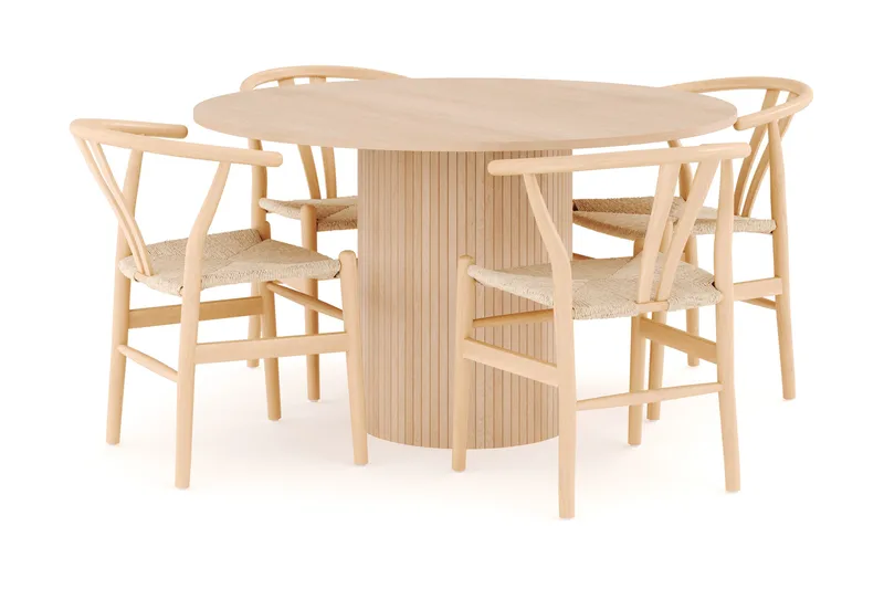 Kopparbo Matgruppe 130 cm Rund med 4 Dastoori Spisestol, Beige