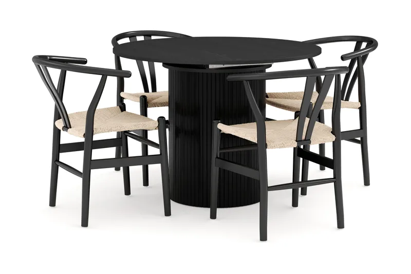 Kopparbo Matgruppe forlengelsesbart 106-156 cm Rund med 4 Dastoori Spisestol, Svart