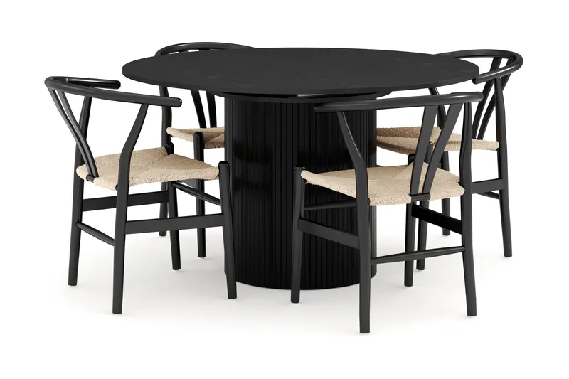 Kopparbo Matgruppe forlengelsesbart 130-180 cm Rund med 4 Dastoori Spisestol, Svart