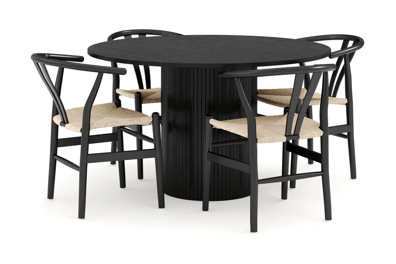 Kopparbo Matgruppe Rund 130 cm med 4 Dastoori Spisestol, Svart