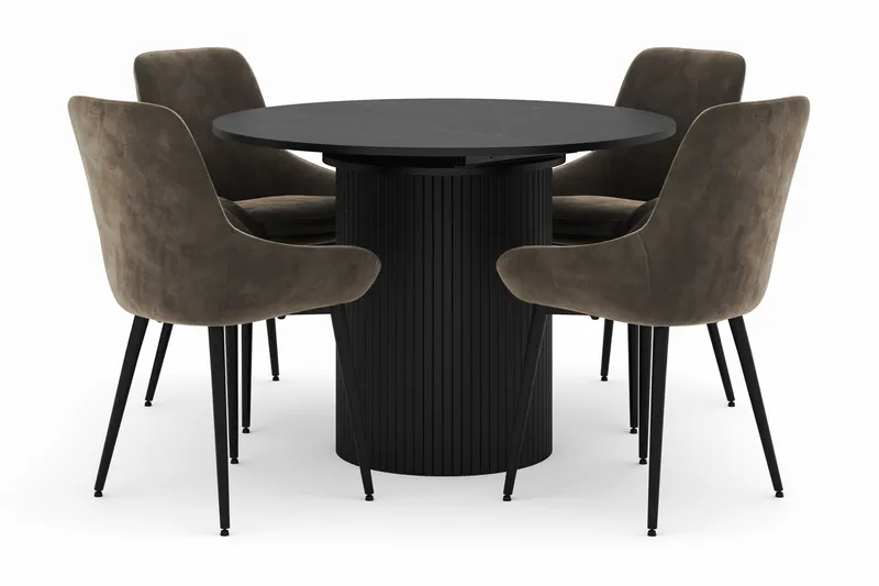 Kopparbo Rund Spisegruppe 106-156cm med 4 Alsarp Spisestoler, Svart