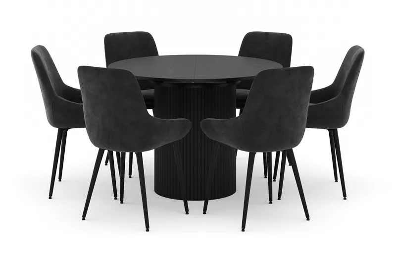 Kopparbo Rund Spisegruppe 106-156cm med 6 Alsarp Spisestoler - Svart - Møbler - Bord - Spisegrupper