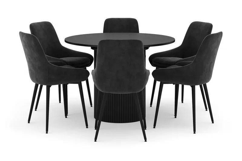Kopparbo Rund Spisegruppe 106-156cm med 6 Alsarp Spisestoler, Svart
