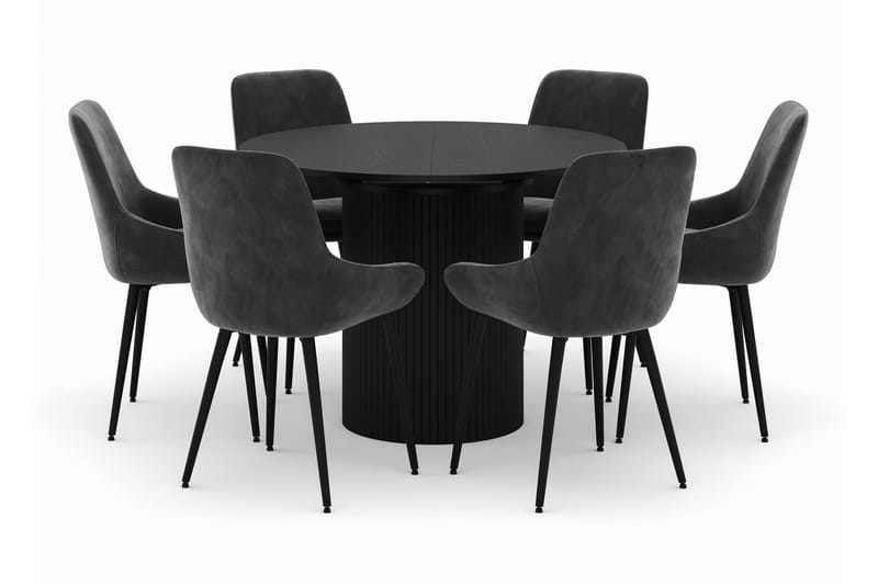 Kopparbo Rund Spisegruppe 106-156cm med 6 Alsarp Spisestoler - Svart - Møbler - Bord - Spisegrupper