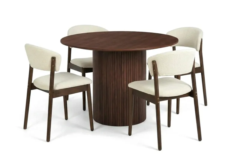 Kopparbo Rund Spisegruppe 110 cm – Spisebord med 4 Nala Spisestoler i Tre med Valnøttutseende - Brun|Beige - Møbler - Bord - Spisegrupper