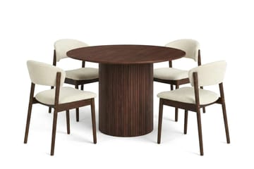 Kopparbo Rund Spisegruppe 110 cm – Spisebord med 4 Nala Spisestoler i Tre med Valnøttutseende - Brun|Beige - Møbler - Bord - Spisegrupper