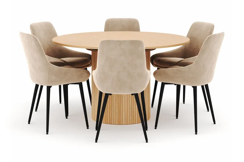 Kopparbo Rund Spisegruppe 130-150 cm 6 Alsarp Spisestoler, Naturell