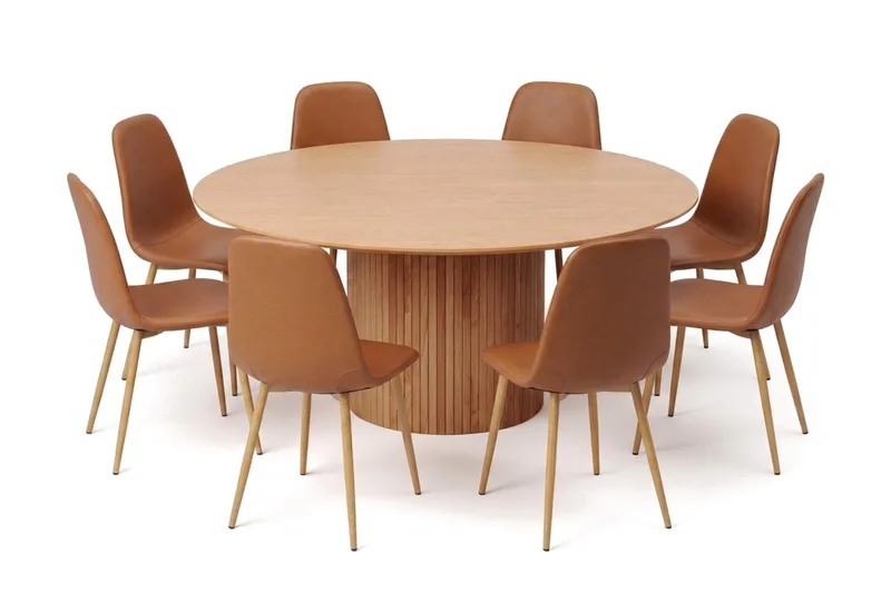 Kopparbo rund spisegruppe 180 cm eik med 8 Nibe-spisestoler, Eik