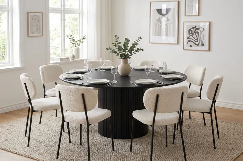 Kopparbo rund spisegruppe 180 cm svart med 8 Gemmiano-spisestoler - Svartbeiset eik - Møbler - Bord - Spisegrupper