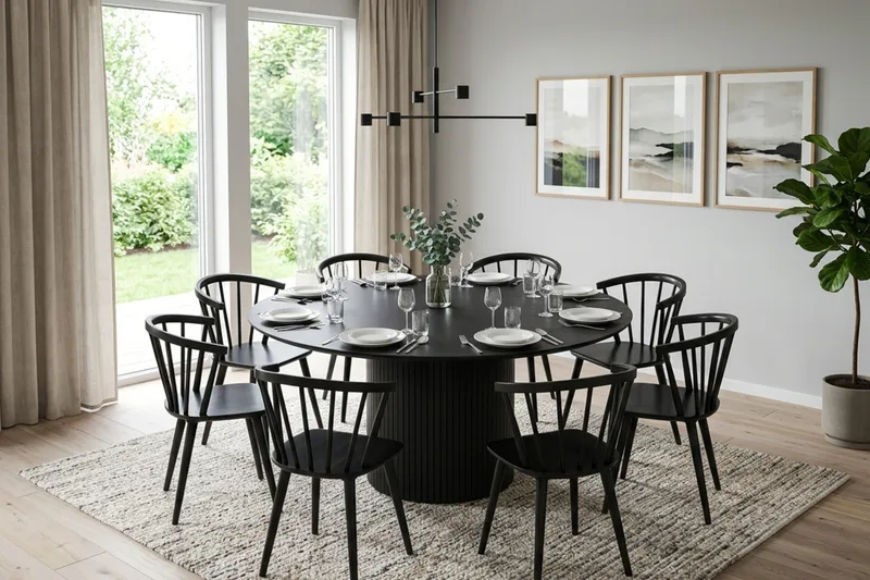 Kopparbo rund spisegruppe 180 cm svart med 8 Tyrö-spisestoler - Svart - Møbler - Bord - Spisegrupper