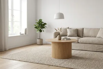 Kopparbo Rundt Sofabord 85 cm med Tre- og Eikeutseende, Ribbet Søylefot og Tynn Bordplate - Natur - Møbler - Bord - Sofabord