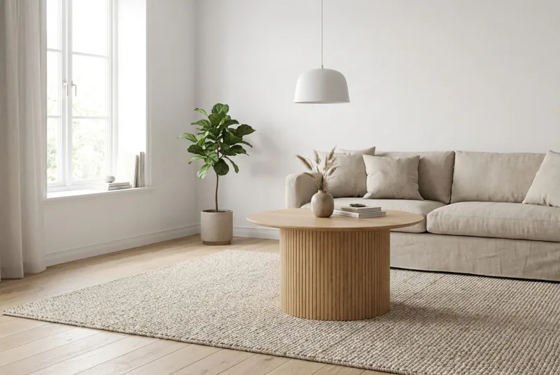 Kopparbo Rundt Sofabord 85 cm med Tre- og Eikeutseende, Ribbet Søylefot og Tynn Bordplate - Natur - Møbler - Bord - Sofabord