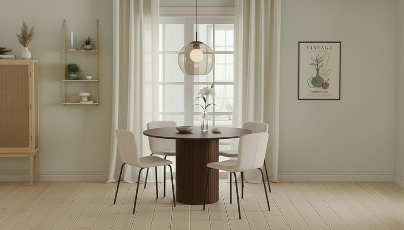 Kopparbo Rundt Spisebord 120 cm for 6 personer med 4 Katy Spisestoler - Mørkebrun / Hvit Bouclé / Metallben Svart - Møbler - Bord - Spisegrupper