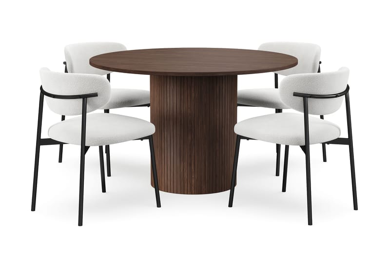 Kopparbo Rundt Spisebord 120 cm for 6 personer med 4 Lucy Spisestoler, Mørkebrun / Hvit Bouclé / Metallben Svart
