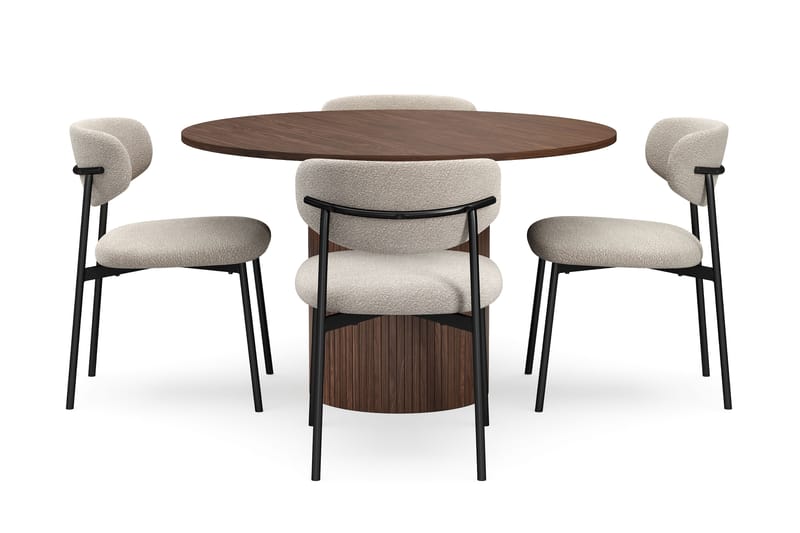 Kopparbo Rundt Spisebord 120 cm for 6 personer med 4 Lucy Spisestoler - Mørkebrun / Greige Bouclé / Metallben Svart - Møbler - Bord - Spisegrupper