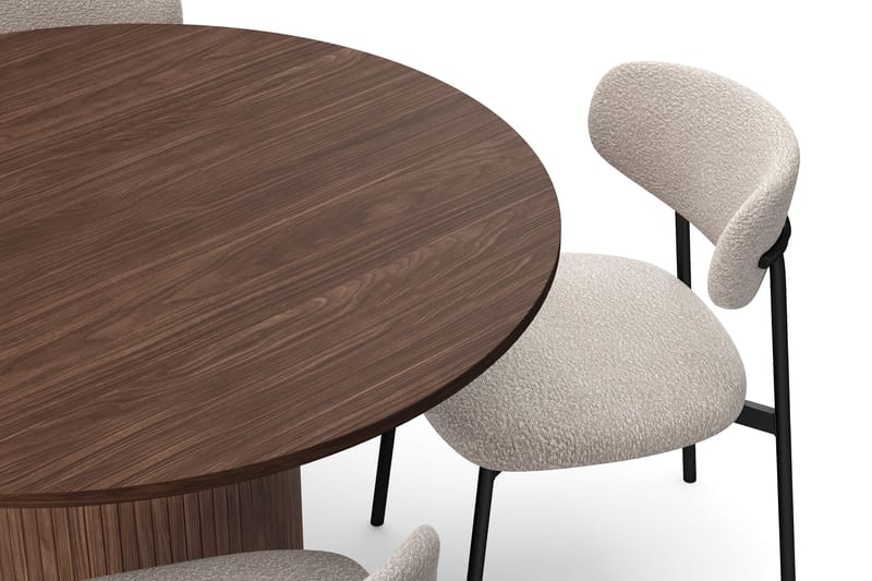 Kopparbo Rundt Spisebord 120 cm for 6 personer med 4 Lucy Spisestoler - Mørkebrun / Greige Bouclé / Metallben Svart - Møbler - Bord - Spisegrupper