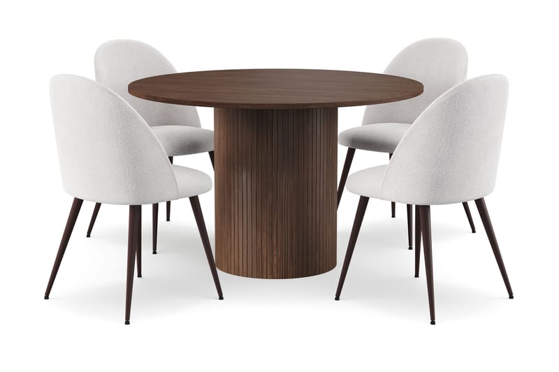 Kopparbo Rundt Spisebord 120 cm for 6 personer med 4 Nibe Plus Spisestoler, Mørkebrun / Hvit Bouclé / Metallben Valnøtt