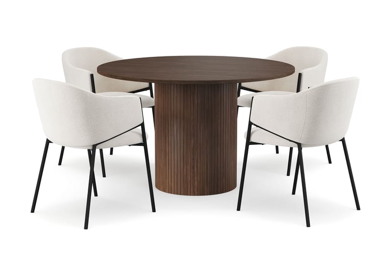 Kopparbo Rundt Spisebord 120 cm for 6 personer med 4 Filip Spisestoler, Mørkebrun / Hvit Bouclé