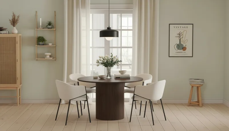 Kopparbo Rundt Spisebord 120 cm for 6 personer med 4 Filip Spisestoler - Mørkebrun / Hvit Bouclé - Møbler - Bord - Spisegrupper