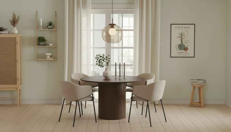 Kopparbo Rundt Spisebord 120 cm for 6 personer med 4 Filip Spisestoler - Mørkebrun / Taupe Bouclé - Møbler - Bord - Spisegrupper