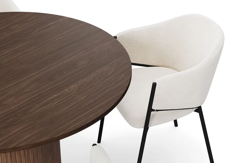 Kopparbo Rundt Spisebord 120 cm med 4 Filip Spisestoler - Mørkebrun / Hvit Bouclé - Møbler - Bord - Spisegrupper