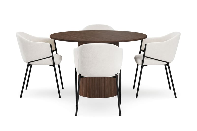 Kopparbo Rundt Spisebord 120 cm med 4 Filip Spisestoler - Mørkebrun / Hvit Bouclé - Møbler - Bord - Spisegrupper
