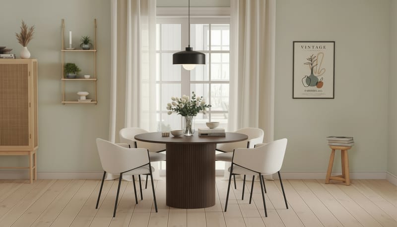 Kopparbo Rundt Spisebord 120 cm med 4 Filip Spisestoler - Mørkebrun / Hvit Bouclé - Møbler - Bord - Spisegrupper