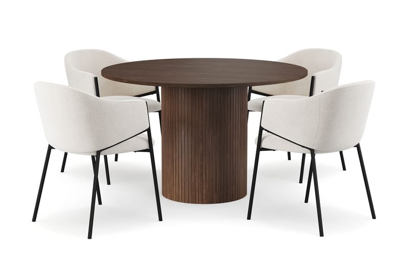Kopparbo Rundt Spisebord 120 cm med 4 Filip Spisestoler, Mørkebrun / Hvit Bouclé