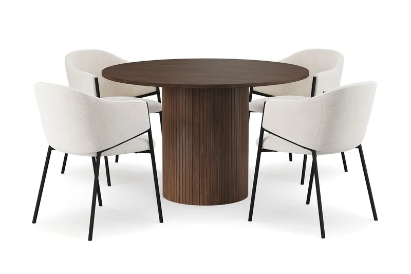 Kopparbo Rundt Spisebord 120 cm med 4 Filip Spisestoler - Mørkebrun / Hvit Bouclé - Møbler - Bord - Spisegrupper