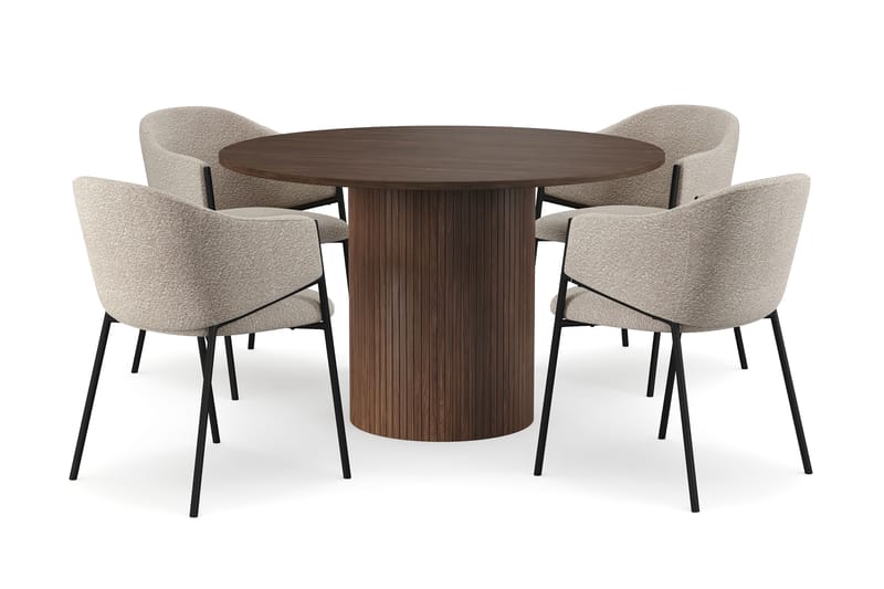 Kopparbo Rundt Spisebord 120 cm med 4 Filip Spisestoler - Mørkebrun / Taupe Bouclé - Møbler - Bord - Spisegrupper