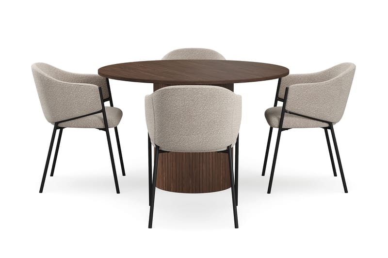 Kopparbo Rundt Spisebord 120 cm med 4 Filip Spisestoler - Mørkebrun / Taupe Bouclé - Møbler - Bord - Spisegrupper