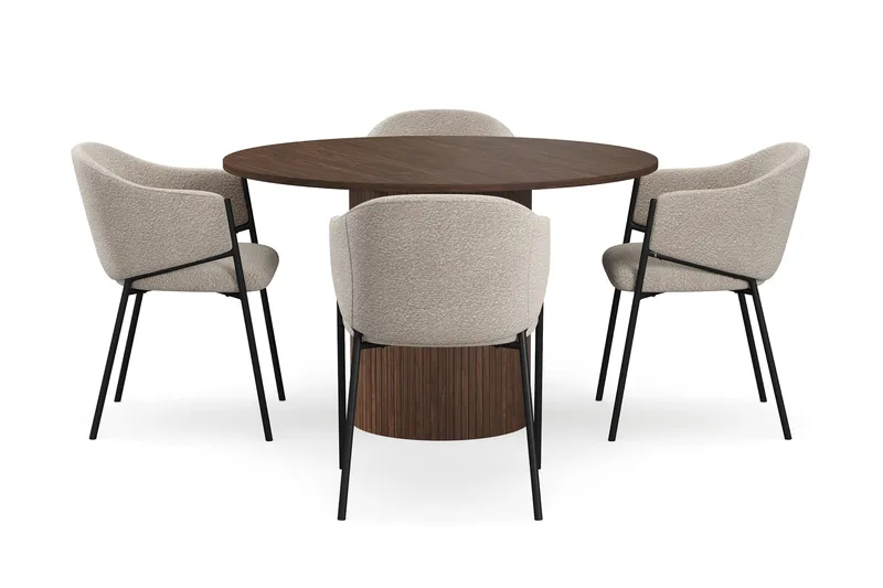 Kopparbo Rundt Spisebord 120 cm med 4 Filip Spisestoler - Mørkebrun / Taupe Bouclé - Møbler - Bord - Spisegrupper