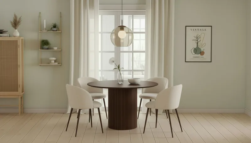 Kopparbo Rundt Spisebord 120 cm med 4 Greya Spisestoler med armlener - Mørkebrun / Hvit Bouclé / Metallben Valnøtt - Møbler - Bord - Spisegrupper