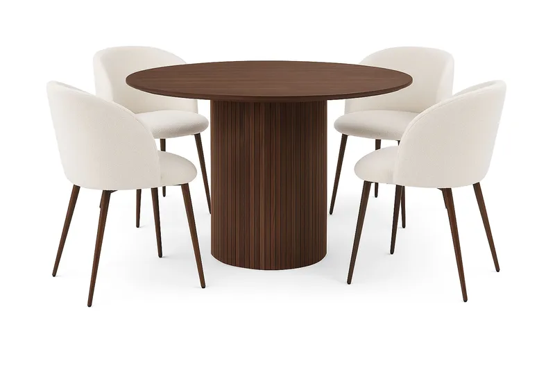 Kopparbo Rundt Spisebord 120 cm med 4 Greya Spisestoler med armlener, Mørkebrun / Hvit Bouclé / Metallben Valnøtt