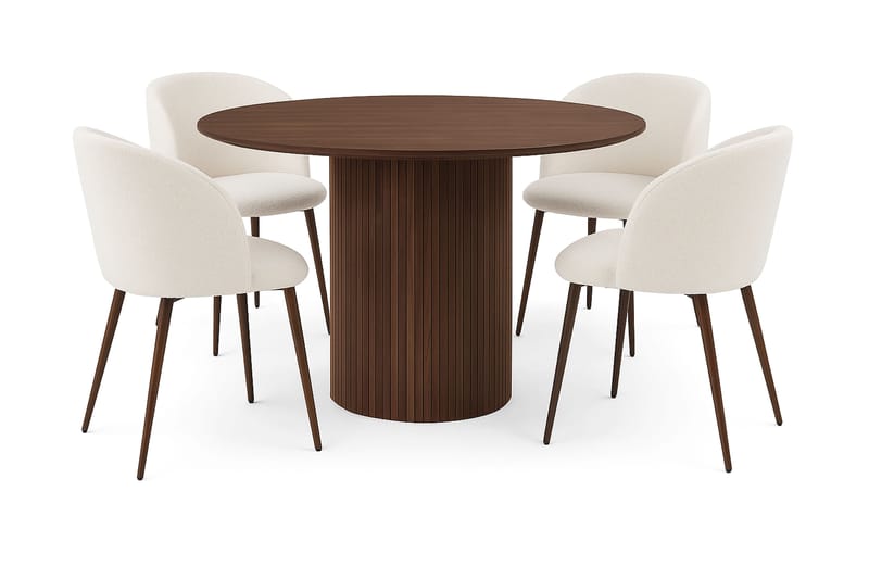 Kopparbo Rundt Spisebord 120 cm med 4 Greya Spisestoler med armlener, Mørkebrun / Hvit Bouclé / Metallben Valnøtt