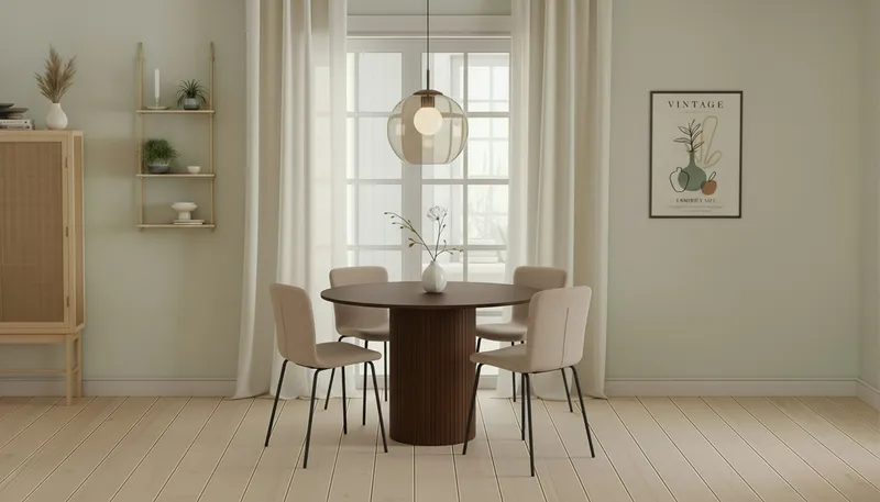 Kopparbo Rundt Spisebord 120 cm med 4 Katy Spisestoler - Mørkebrun / Greige Bouclé / Metallben Svart - Møbler - Bord - Spisegrupper