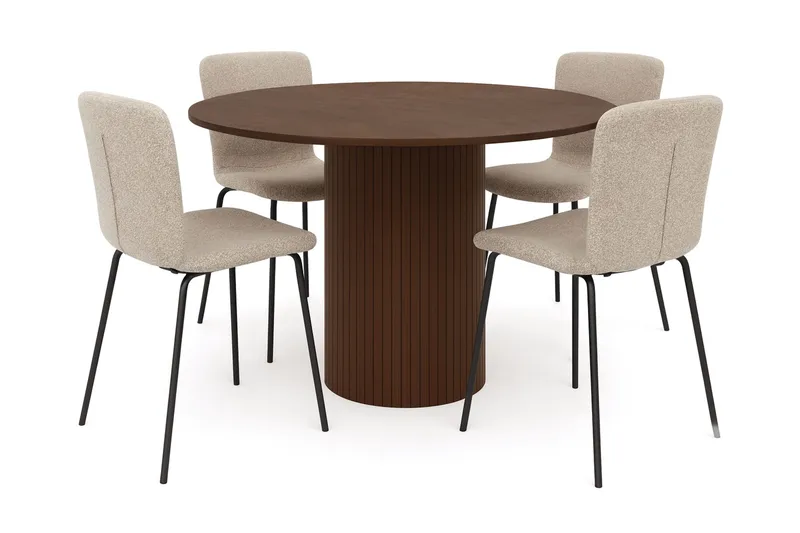 Kopparbo Rundt Spisebord 120 cm med 4 Katy Spisestoler, Mørkebrun / Greige Bouclé / Metallben Svart