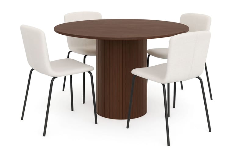 Kopparbo Rundt Spisebord 120 cm med 4 Katy Spisestoler, Mørkebrun / Hvit Bouclé / Metallben Svart