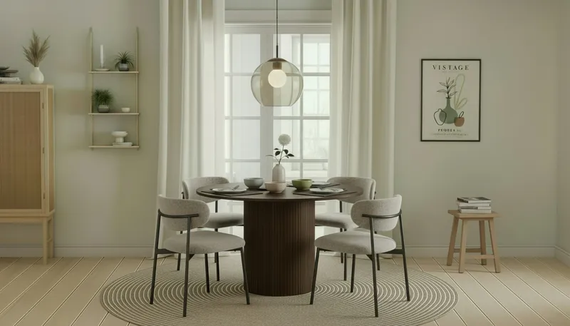 Kopparbo Rundt Spisebord 120 cm med 4 Lucy Spisestoler - Mørkebrun / Greige Bouclé / Metallben Svart - Møbler - Bord - Spisegrupper