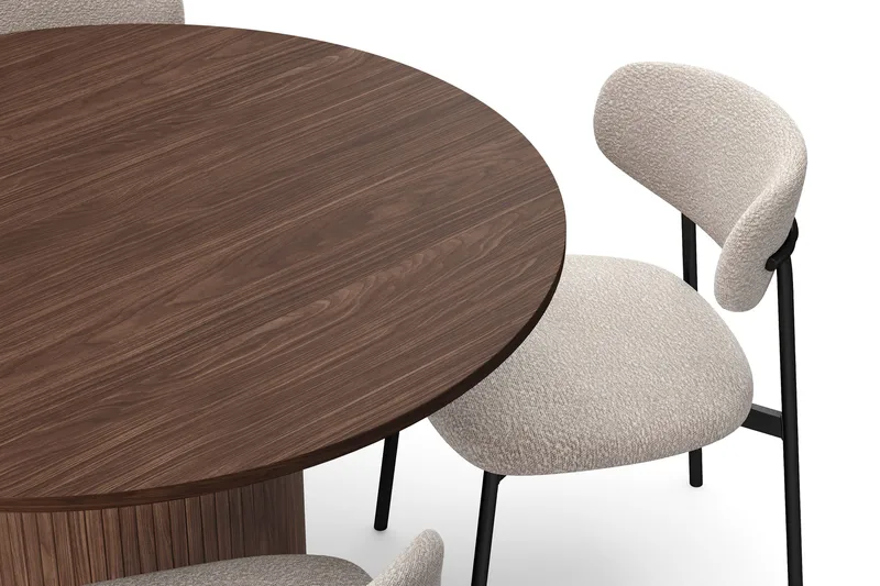 Kopparbo Rundt Spisebord 120 cm med 4 Lucy Spisestoler - Mørkebrun / Greige Bouclé / Metallben Svart - Møbler - Bord - Spisegrupper